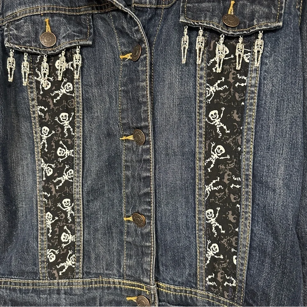 Black & White Skeleton fabric on an Upcycled Cherokee Denim Jacket., XL 14 / 16
